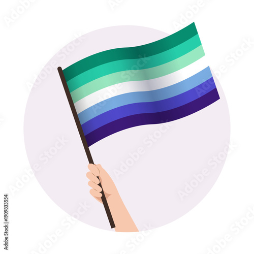 Gay men waving pride flag in raised hand. Support vector illustration