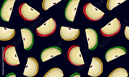 seamless apple slice pattern on dark background vector food illustration for organic fruit juice packaging or cafe menu