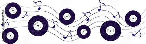 music vinyl records with wavy staff and melody notes isolated border design for banner concert poster and web header