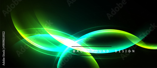 Bright neon waves flow across dark background. Vibrant green, turquoise hues create dynamic visual effect. Modern design element.