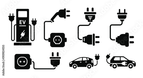 Electric vehicle charging icons depicting stations and connector types