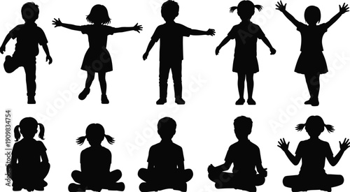 Children silhouette collection, kids playing and sitting poses, happy child figures, boy girl outlines, isolated vector illustration set