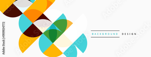 Abstract geometric shapes overlap, creating vibrant colorful pattern. Minimalist design with white space dominates composition.