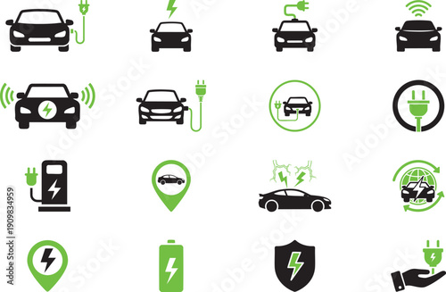 Electric Car Charging Icon Set: EV Station, Plug & Hybrid Symbols