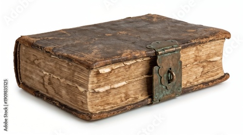Old leather-bound book with brass clasp on a white background for vintage knowledge concept