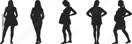 Pregnant women silhouettes collection, maternity poses vector set, expecting mother figures, pregnancy stages illustration isolated on white background