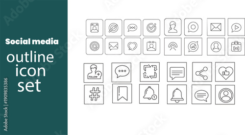 Social media outline icon set featuring user profile mail envelope chat bubble like share and notification symbols for digital communication and networking