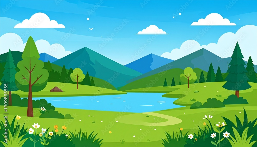 Obraz premium Scenic mountain landscape with serene lake, lush greenery, and blue sky in summer