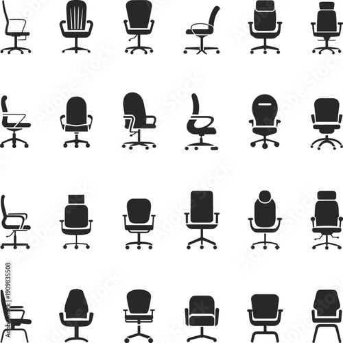 Office chair silhouettes collection, ergonomic swivel seating set, workplace furniture icons, modern desk chair vector illustration isolated bundle