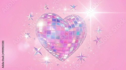 Shimmering disco ball heart with sparkling stars on a pink background. Modern Valentines Day greeting card design. Love and celebration concept.