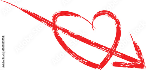 Red brush stroke heart pierced by an arrow, symbol of love pierced by Cupid's arrow