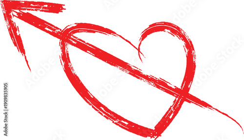Red brush stroke heart pierced by a male symbol arrow, representation of love and gender