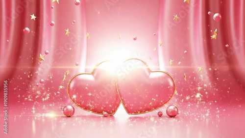 Two red hearts with golden outline on a pink background with shimmering light. Valentines Day love and romance concept for greeting card and banner design.