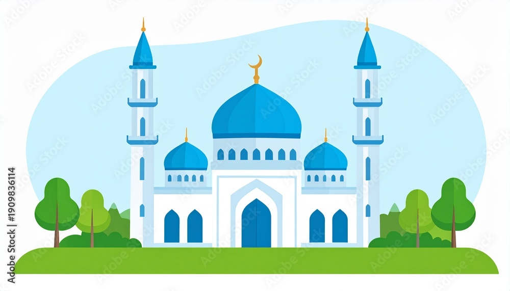Fototapeta premium Modern white mosque with blue domes and minarets in serene landscape sunny day