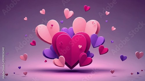 Pink and purple paper cut hearts floating on a gradient background. Romantic valentine display for greeting card design. Love and romance concept.