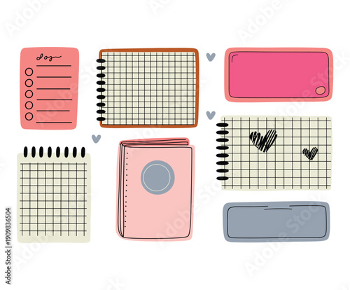 Collection of hand drawn doodle style notebooks and sticky notes in pastel colors.