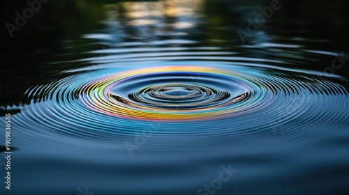 Beautiful diffraction light rings creating mesmerizing circular patterns with vibrant rainbow colors and concentric waves in water surface optical phenomena