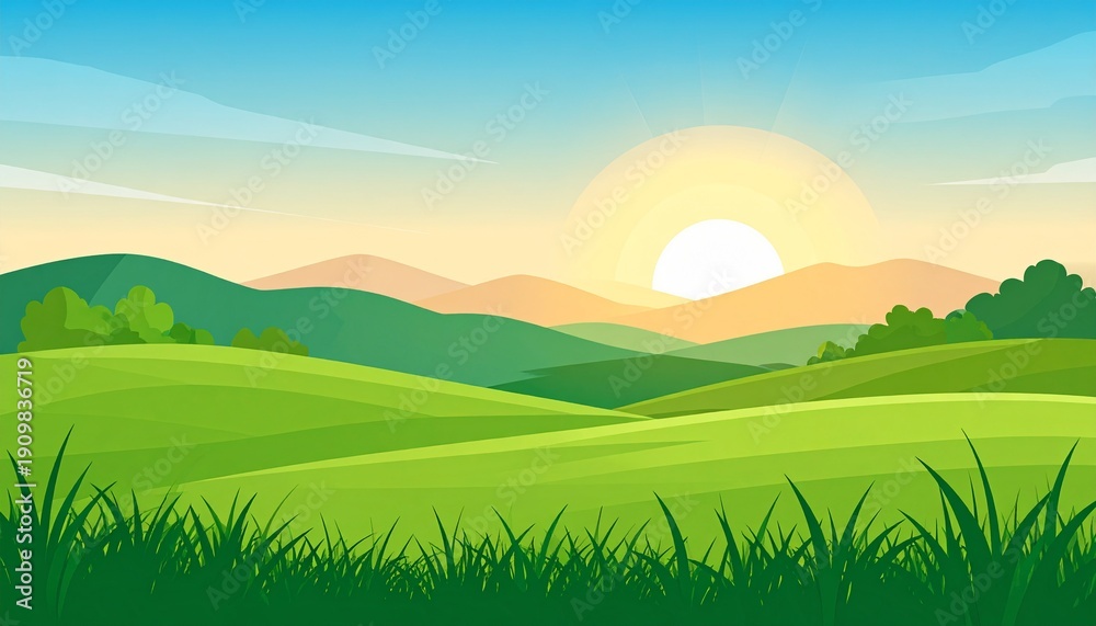Obraz premium Golden sunrise over lush green rice fields with misty mountains and clear sky