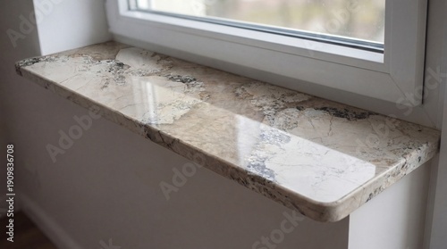 Foto Luxury beige stone windowsill with large natural marble spots and patterns