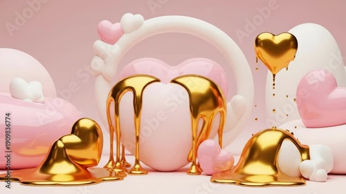 Pink and gold melting hearts and shapes on a pastel background. Romantic Valentines Day or wedding celebration concept. Abstract love scene.
