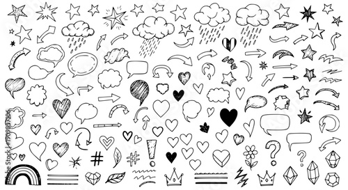Сollection of various black doodle elements, manga-style illustration pictogram icon set. Transparent background SVG version.