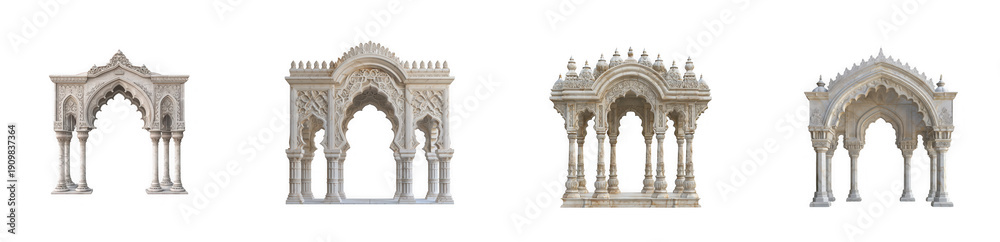 Obraz premium Intricate White Marble Arches and Pillars in Indian Architectural Style, ornate carvings isolated on transparent background