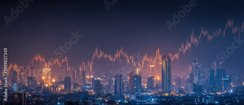 City skyline with financial data overlayed in evening light for business