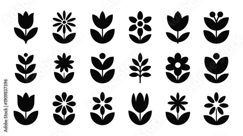 Minimalist spring flower logo silhouettes black icons on white background for branding and design