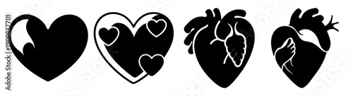 Black and white heart icons set love romance medical health care vector illustration isolated