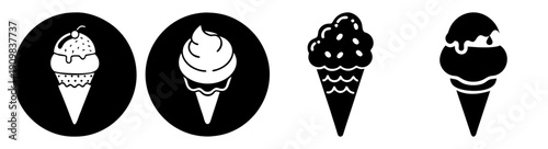 Four minimalist ice cream cones with faces vector illustration set, black and white line art, flat design dessert icons for branding and web