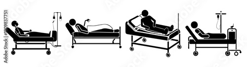 Medical examination procedure flat icons set with patient on hospital bed and doctor consultation vector illustration