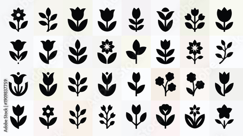 Collection of black floral silhouettes on white background for design and decoration