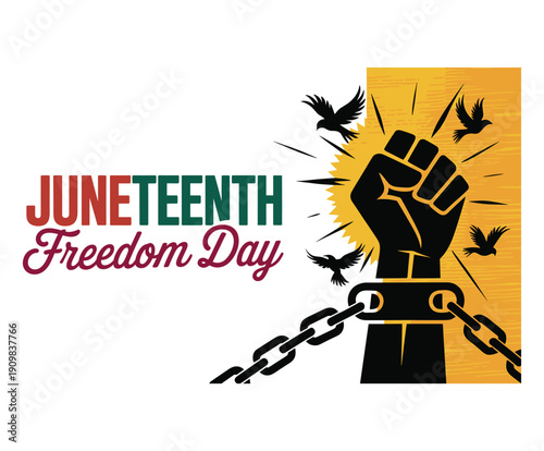Juneteenth Freedom Day text with black fist and flying birds lettering.