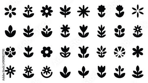 Collection of thirty assorted flower and leaf silhouettes in black on white background varying in style and complexity
