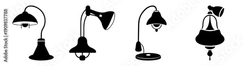 Set of four black minimalist hanging pendant lamps isolated on white background modern lighting design