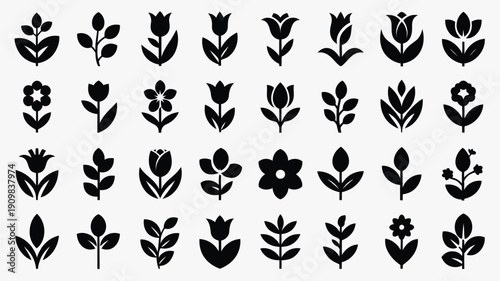 Collection of 35 unique black flower silhouettes on white background for design and decoration