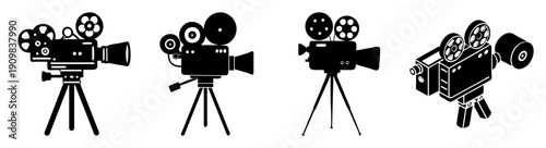 Vintage film cameras set on tripods illustration black and white minimalist vector art for media production
