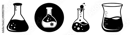 Set of four laboratory glass flasks with dark liquid isolated on white background science experiment illustration