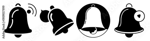 Set of four black and white Christmas jingle bells icons isolated on transparent background vector illustration