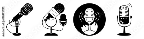 Vintage retro microphones set isolated on black background for music podcast radio broadcasting and voice recording