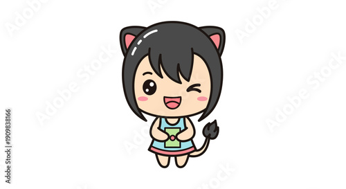 Cute cat girl illustration with a playful wink, holding a clipboard. Kawaii character design, perfect for child-friendly content and branding.