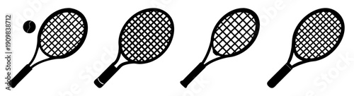 Set of four black and white tennis rackets isolated on white background vector illustration