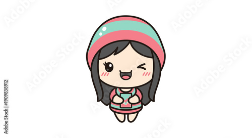 Sweet cartoon girl with a striped hat and book, winking with a rosy cheeked smile, isolated on white