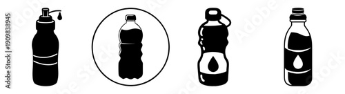 Set of four black and white olive oil bottles with cork stoppers and olives isolated on white background