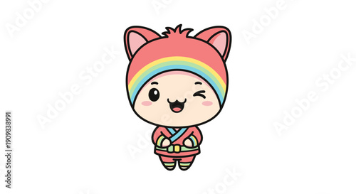 Cute character with rainbow stripes on helmet, wearing a martial arts uniform, holding a book and winking