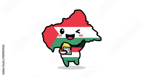 Adorable Hungary map character dressed as a superhero, holding a lemon and book, with a happy wink