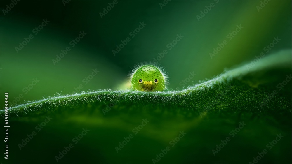 Fototapeta premium Green Caterpillar Gaze: Close-up of Green Caterpillar on Leaf Edge