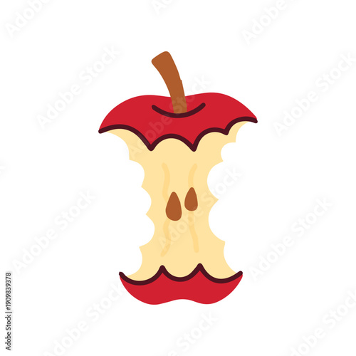 An apple core remains after a juicy red fruit has been consumed by a hungry person. Symbol of food waste, composting, or the completion of a satisfying and healthy natural snack.