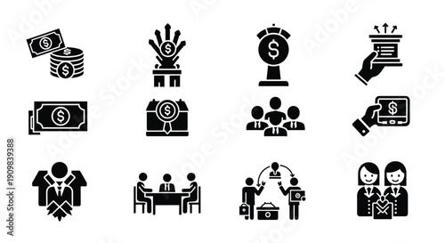 Business and finance icons depicting growth documents and successful teams
