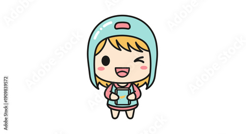 Cute cartoon girl with a protective helmet and a book, winking and smiling, isolated on white background